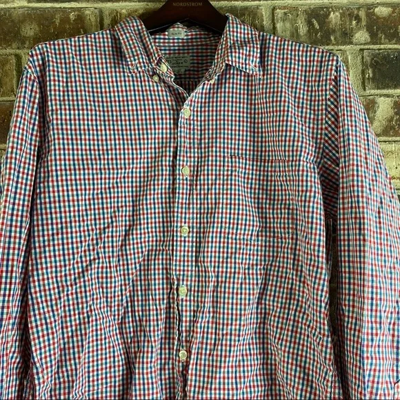 Tailored by J. Crew Men Slim Fit Gingham Check Red Blue Button Down Shirt Size: - Picture 2 of 8